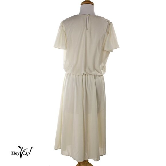 Vintage Ivory Dress w Lace Applique Blouson Top Full Skirt Size L B38 - Hey Viv - Picture 5 of 6
